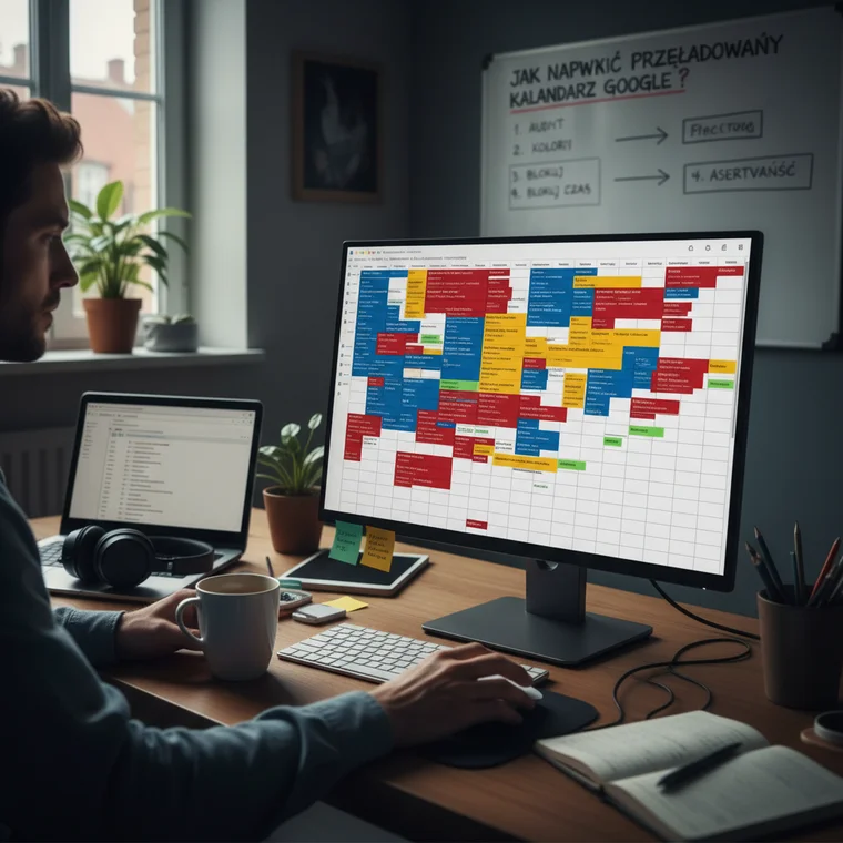 Ekran z widokiem Kalendarza Google z blokami deep work i strefami bez spotkań w pracy zdalnej