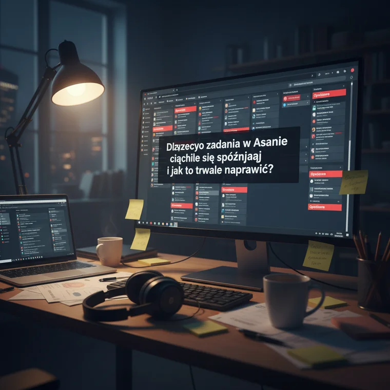 Widok osi czasu w Asanie z zaznaczonymi zależnościami i buforami czasowymi, pomagający ograniczyć opóźnione zadania i spóźnione terminy