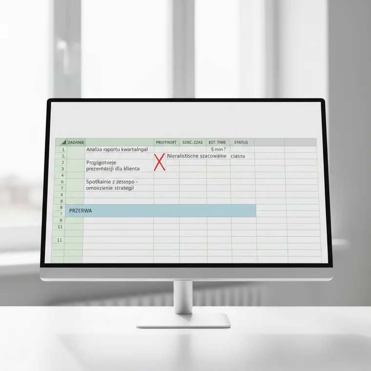 Osoba planująca dzień pracy w Excelu przy biurku, analizująca zadania i czas pracy, ilustrująca typowe błędy w planowaniu dnia