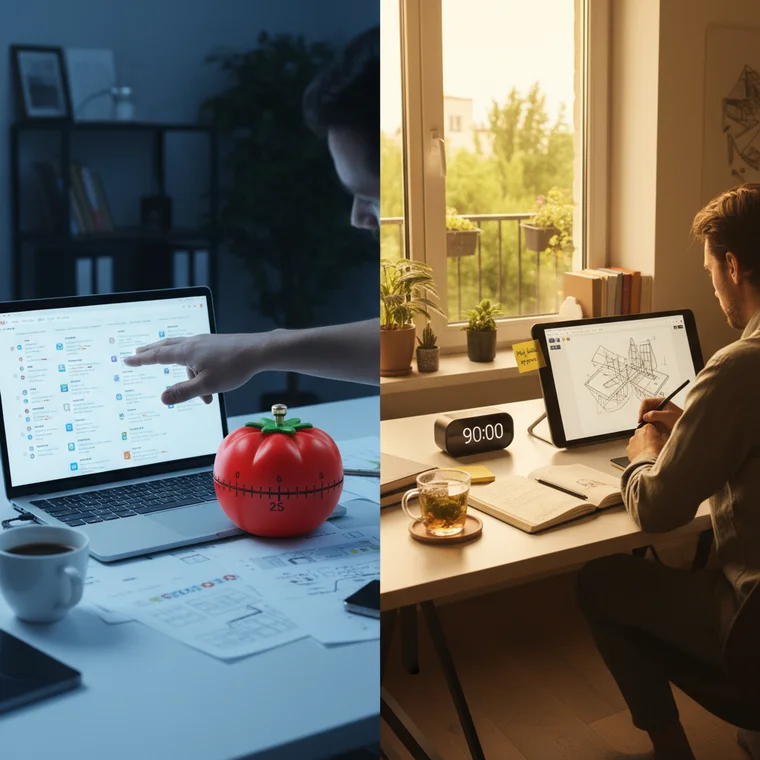 Schemat dnia pracy z różnymi długościami bloków – od 25 minut po 90 minut – ilustrujący jak zmienić długość sesji i poprawić efektywność