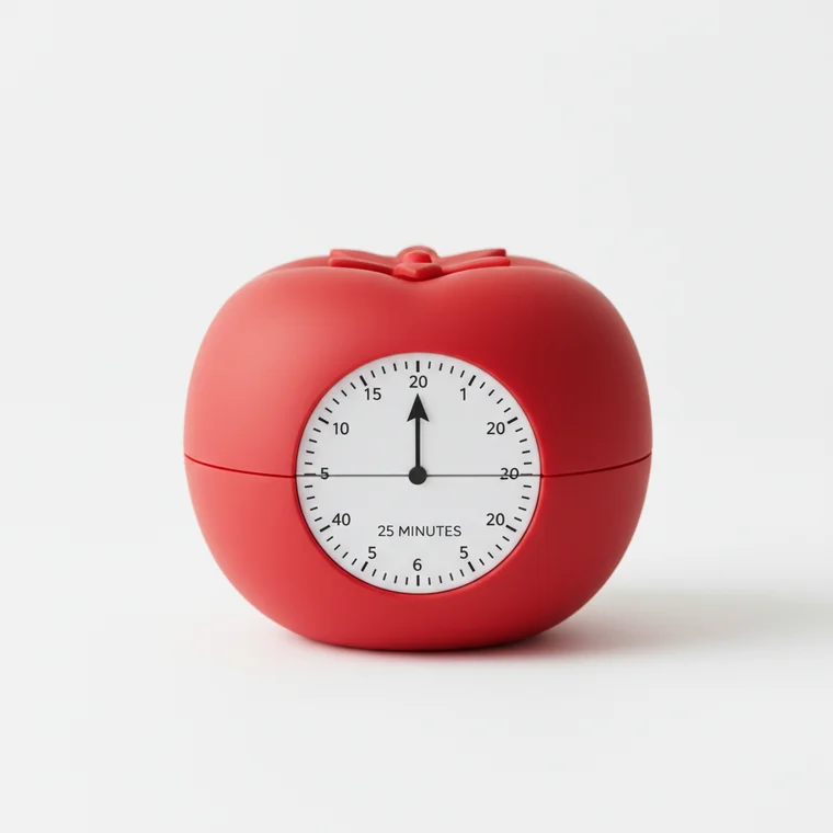 Osoba pracująca z timerem i notatkami, zastanawiająca się kiedy praca w blokach 25 minut przestaje działać i jak zmienić długość sesji