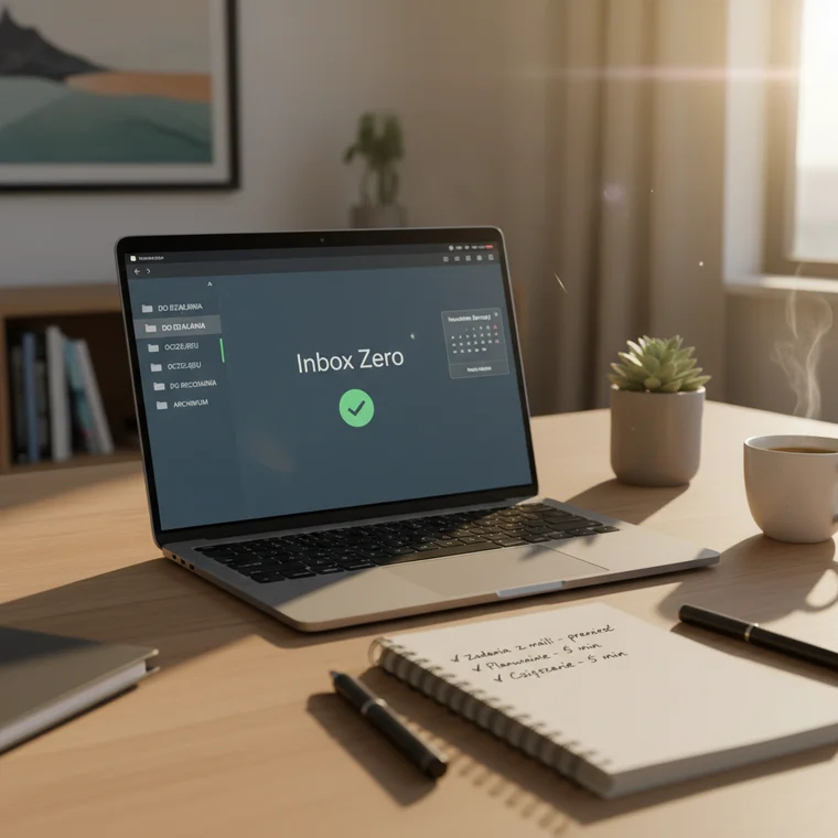 Biznesowa osoba korzystająca z techniki Inbox Zero, foldery Do Działania, Oczekuję, Referencje na ekranie komputera