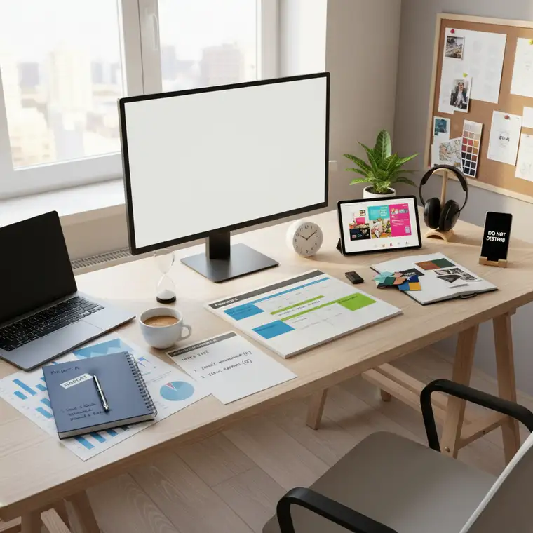 Schemat pracy głębokiej nad dwoma projektami dziennie z blokami czasu, przerwami i rytuałem przejściowym, ilustrujący brak multitaskingu