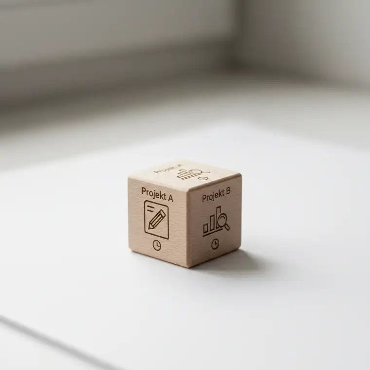 Ilustracja osoby planującej dzień pracy nad dwoma projektami, pokazująca kalendarz z blokami czasu i brak multitaskingu, symbolizująca efektywną koncentrację