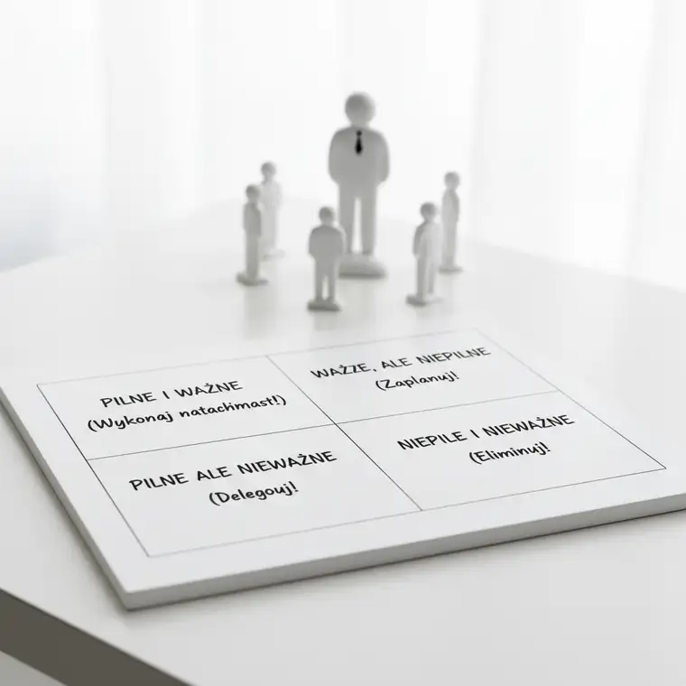 Menedżer pięcioosobowego zespołu przy tablicy z Matrycą Eisenhowera, planujący priorytety zadań i organizację pracy zespołu