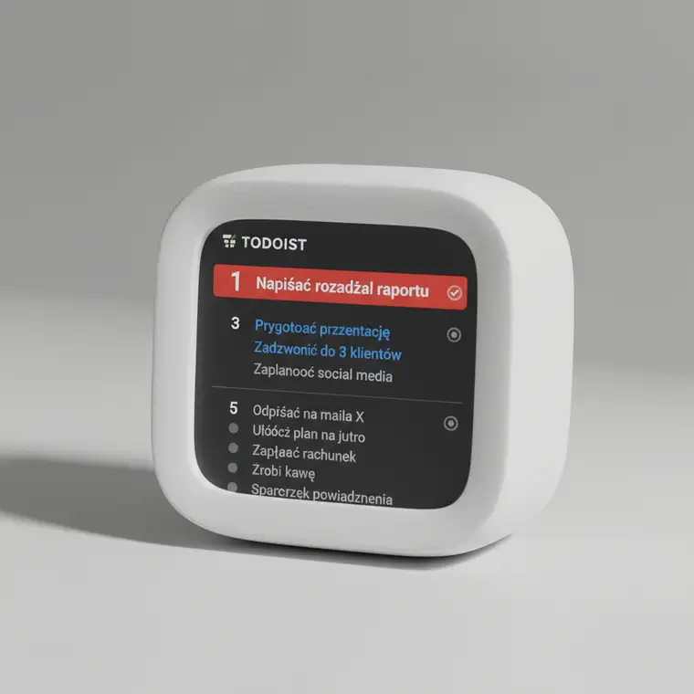 Osoba planująca w Todoist, zastanawiająca się ile zadań dziennie realnie zaplanować, patrząca na listę zadań i kalendarz, aby domykać najważniejsze obowiązki