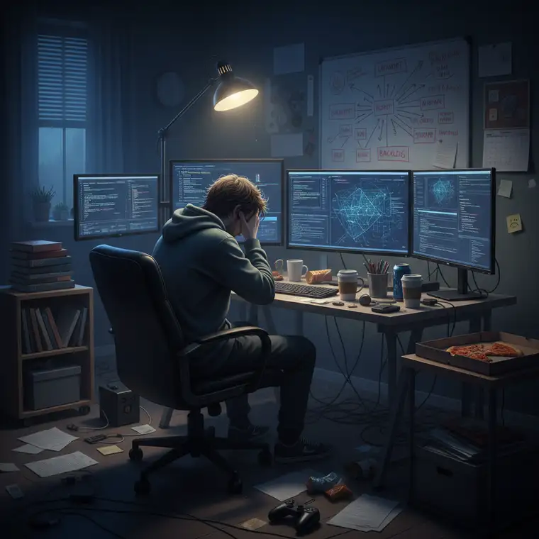 Programista siedzący samotnie przy biurku późnym wieczorem, zmęczony wzrok i bałagan na biurku, symboliczna ilustracja wypalenia zawodowego u specjalisty IT