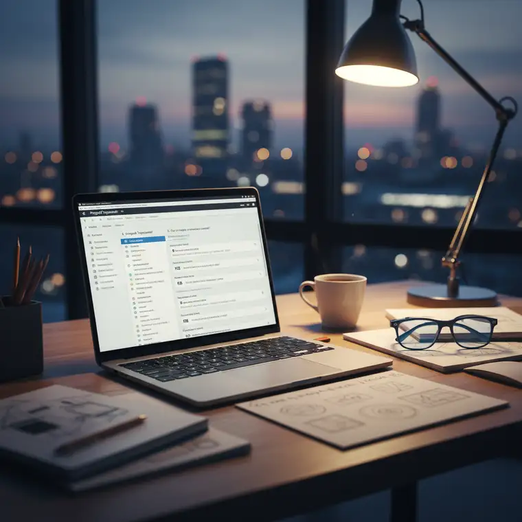 Ekran Notion z widokiem tygodniowego przeglądu zadań, relacjami do projektu IT i sekcjami refleksji oraz blokad