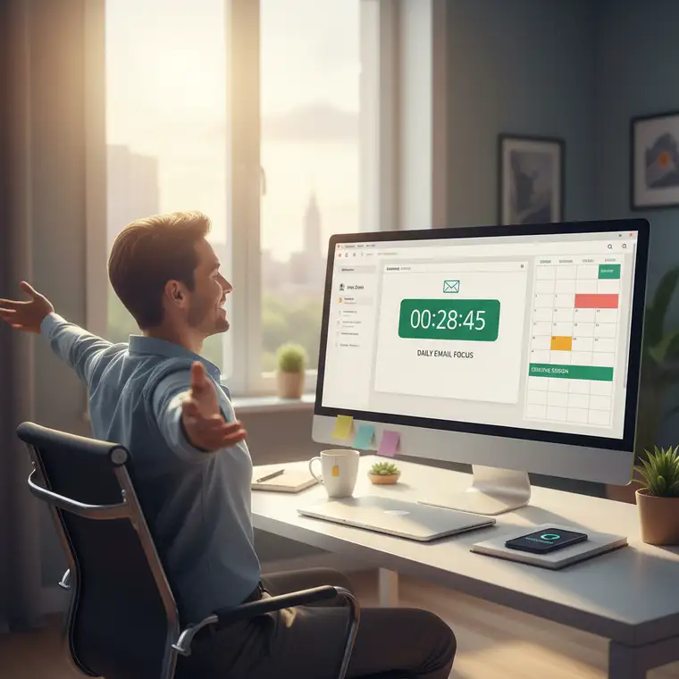 Pracownik korzystający z laptopa, folderów i szablonów, aby zredukować czas na maile służbowe do 30 minut dziennie i uporządkować skrzynkę