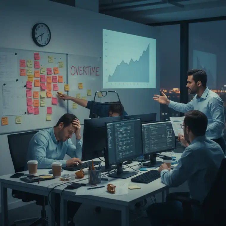 Tablica scrumowa z zadaniami sprintu dwutygodniowego, zaznaczone zmiany priorytetów i ryzyka generujące nadgodziny