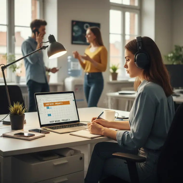 Pracownik w słuchawkach w biurze open space podczas sesji deep work, uporządkowane biurko i blok koncentracji w kalendarzu
