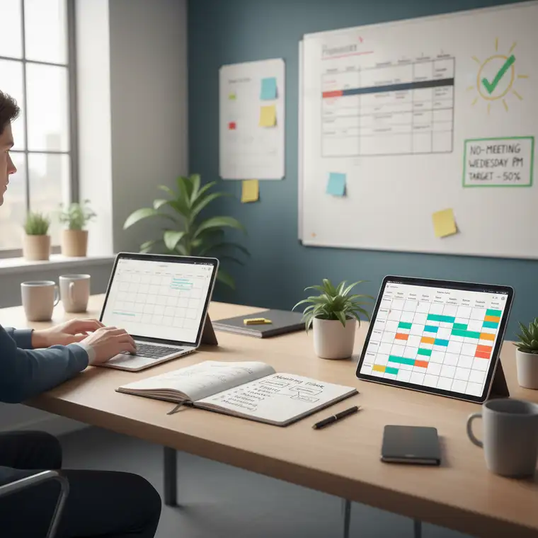 Zespół podczas krótkiego spotkania przy tablicy planujący redukcję liczby spotkań i wprowadzenie dni bez spotkań