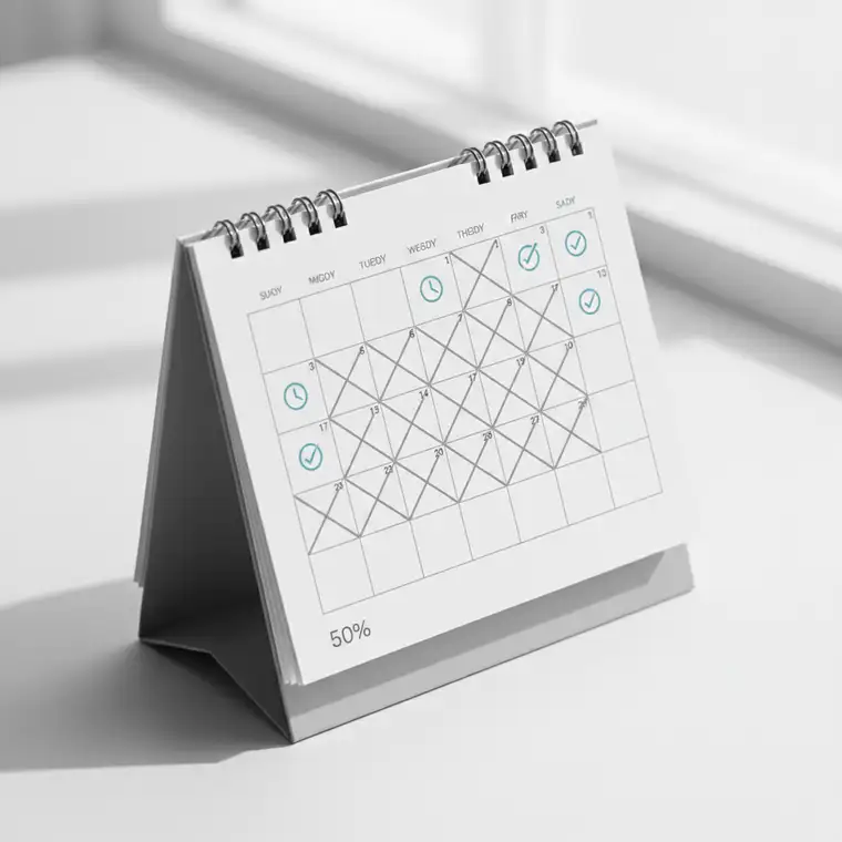 Pracownik analizujący kalendarz pełen spotkań przed redukcją o 50 procent i planujący bardziej efektywną organizację pracy