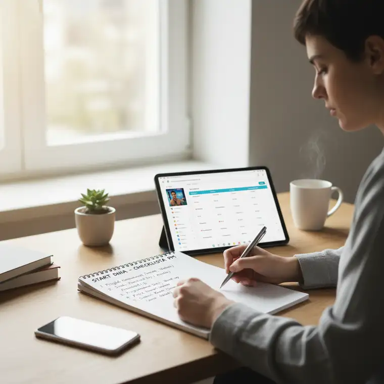 Project manager analizuje obciążenie zespołu i priorytety w projektach, korzystając z checklisty startu dnia przy tablicy z zadaniami