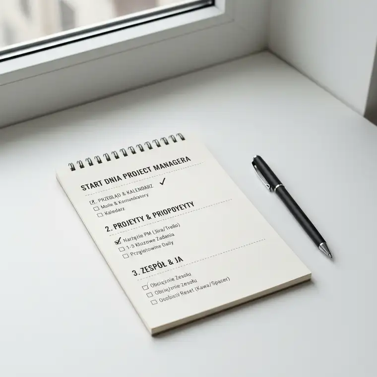 Początkujący project manager korzysta z checklisty startu dnia pracy, przegląda zadania i kalendarz na laptopie, aby skutecznie zaplanować projekty