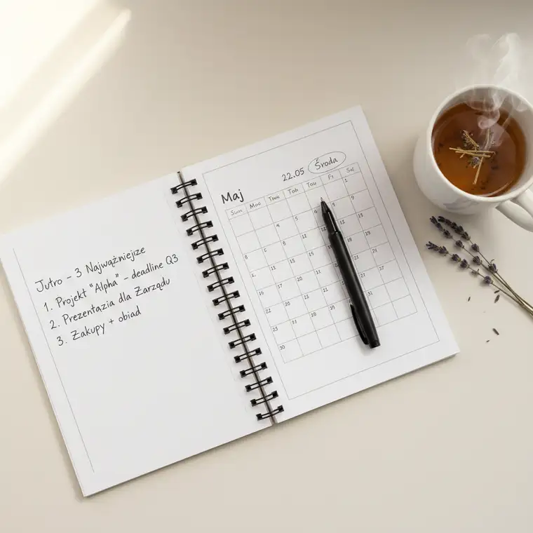 Osoba planuje kolejny dzień wieczorem przy biurku, notując zadania i priorytety, pokazując dlaczego planowanie dnia poprzedniego wieczorem zwiększa skuteczność