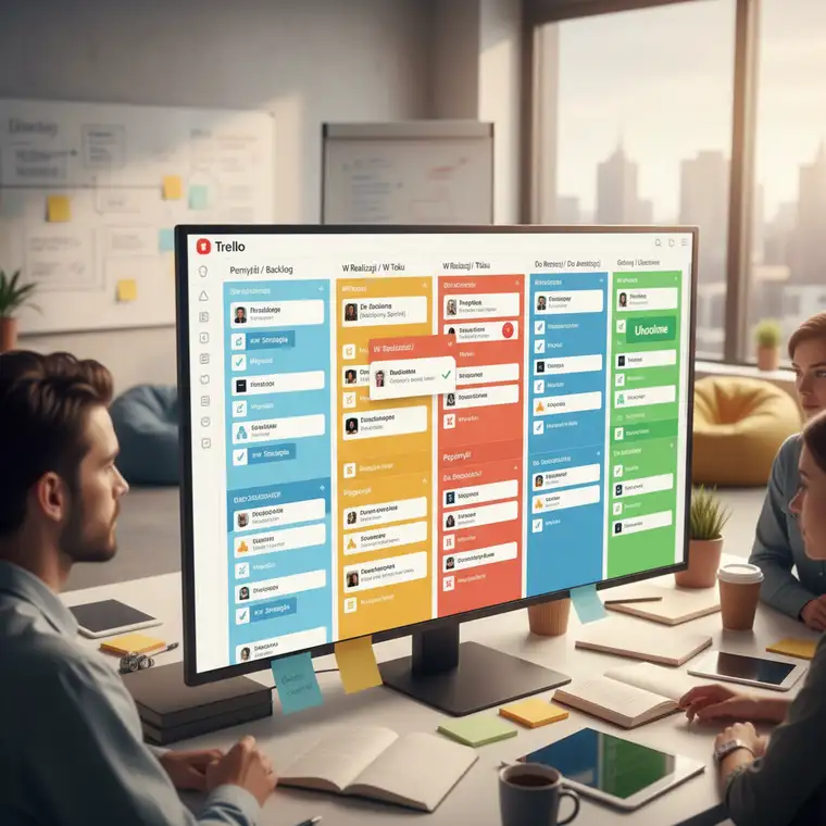 Tablica Trello z etapami kampanii marketingowej, od strategii przez kreacje i testy aż po raportowanie wyników