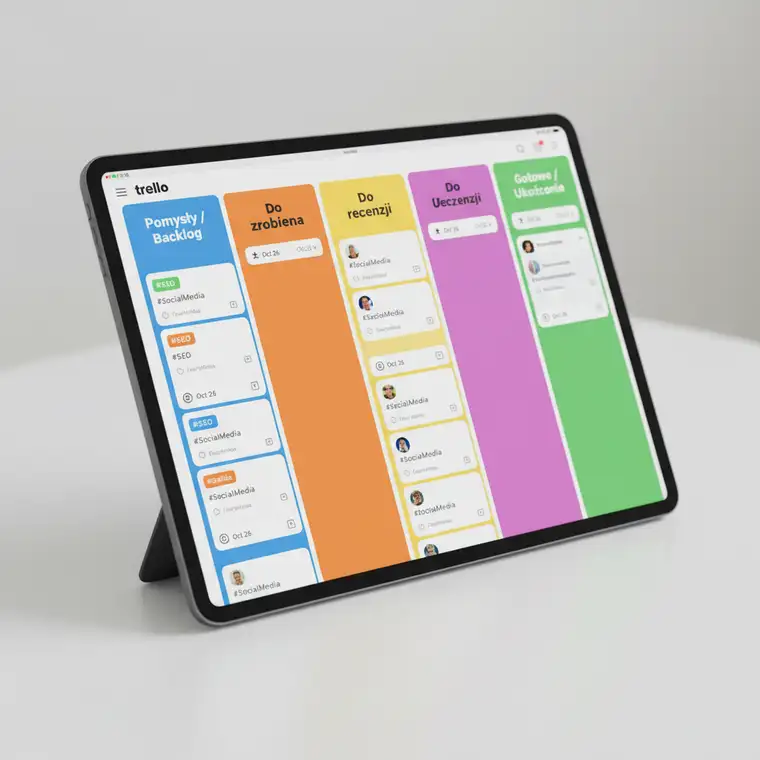 Zespół marketingowy pracuje nad projektem na tablicy Trello, widoczne kolumny ze statusami zadań od pomysłu do ukończenia