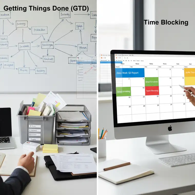 Kalendarz z kolorowymi blokami czasu pokazujący time blocking obok listy zadań GTD w nowoczesnym biurze pracownika umysłowego