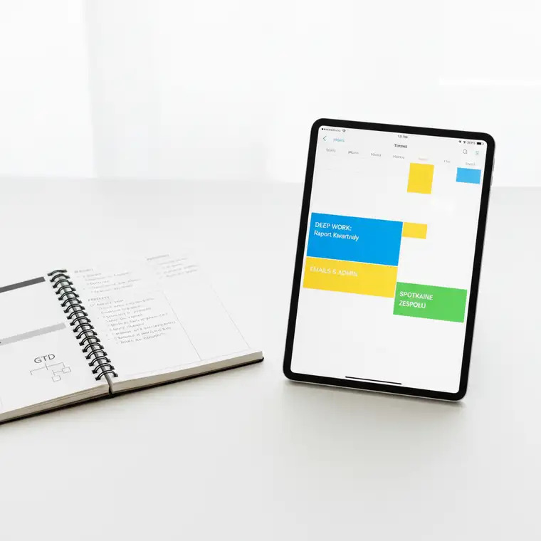 Pracownik biurowy planujący dzień pracy, porównujący metodę Getting Things Done i time blocking w kalendarzu, aby zwiększyć produktywność