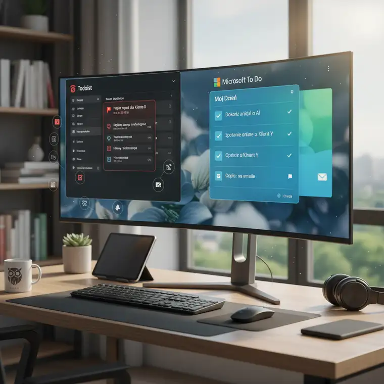 Widok ekranu z porównaniem interfejsów Todoist i Microsoft To Do, pokazujący różnice w zarządzaniu zadaniami freelancera w 2026 roku