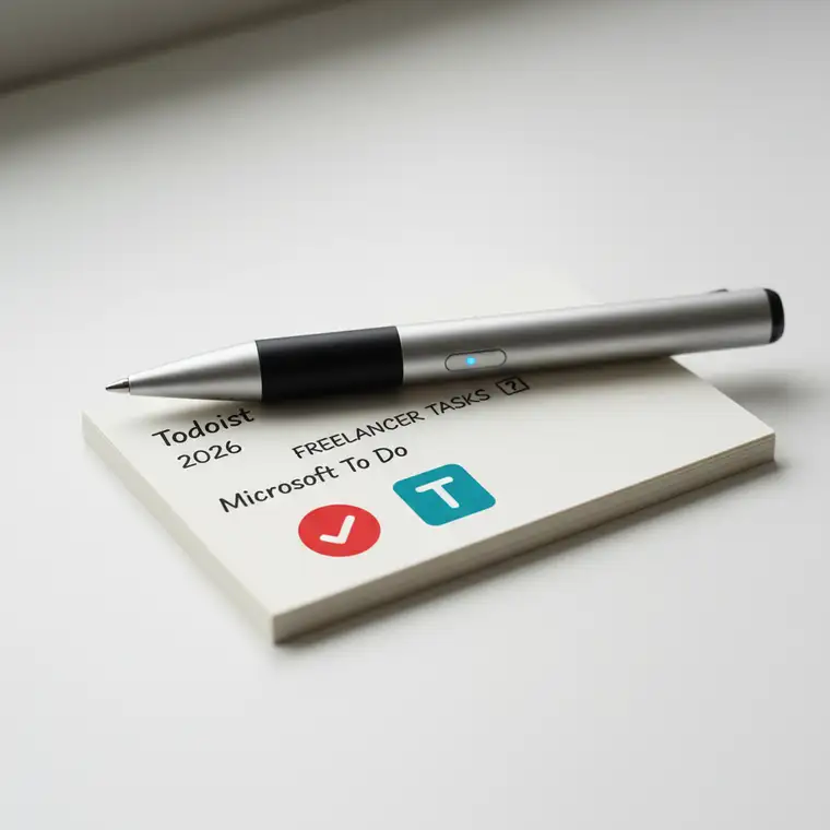 Freelancer przy biurku porównuje Todoist i Microsoft To Do, wybierając najlepszą aplikację do zadań w 2026 roku dla swojej pracy projektowej