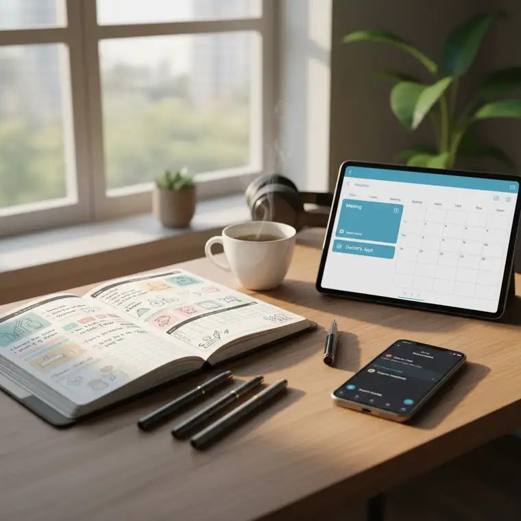 Introwertyk korzystający z aplikacji mobilnej do planowania zadań, siedzący w spokojnym otoczeniu z notatnikiem obok