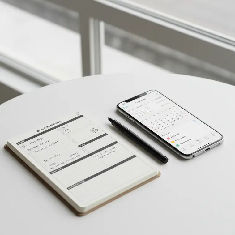 Introwertyk planujący dzień w papierowym planerze z kubkiem kawy, porównujący go z aplikacją mobilną do zarządzania czasem