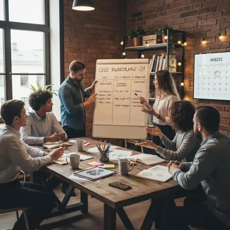 Mały zespół analizujący tablicę z priorytetami OKR, wybierający optymalną liczbę celów kwartalnych dla firmy do 20 osób