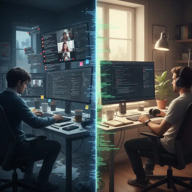 Zespół programistów korzystający z dokumentacji i narzędzi do pracy asynchronicznej zamiast chaotycznego chatu