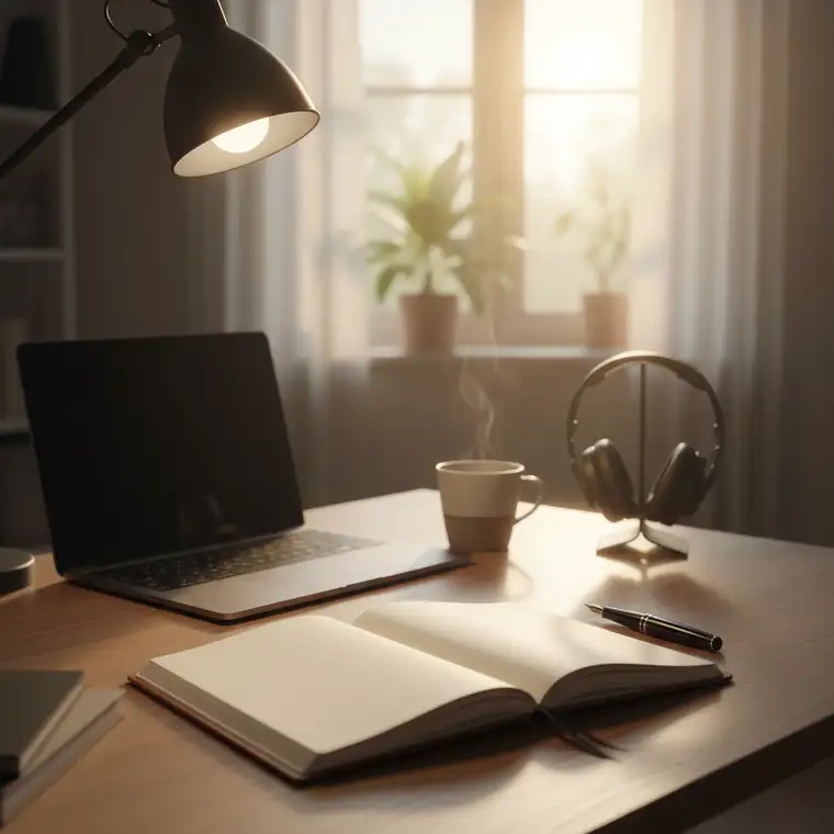 Planowanie jednego głównego projektu dziennie w kalendarzu, notatki i laptop jako symbol przejścia od multitaskingu do skupionej pracy