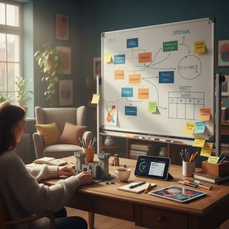 Zespół kreatywny omawiający estymacje czasu projektu przy tablicy, ilustrujący metodę Delficką i buforowanie zadań