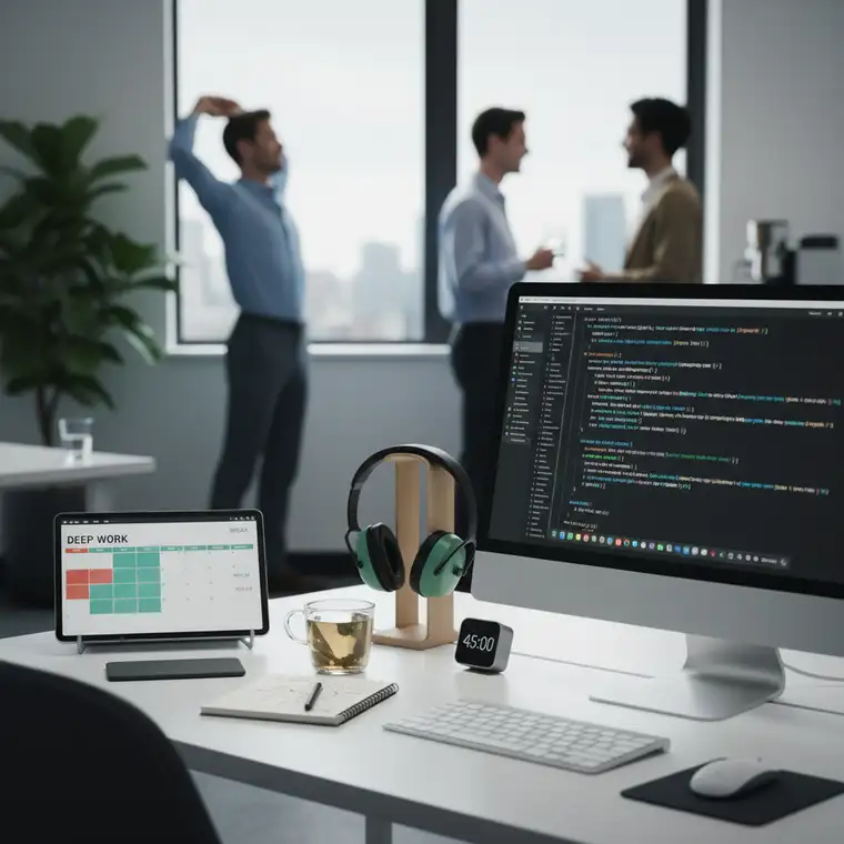 Pracownik w biurze robi świadomą przerwę od ekranu, spacerując i rozciągając się między blokami Deep Work dla lepszej koncentracji