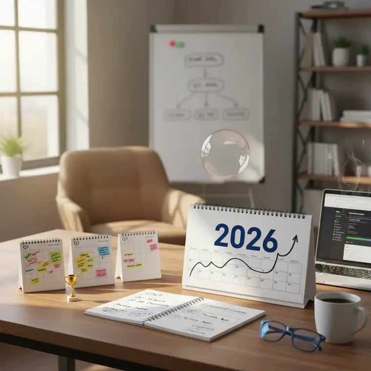 Tablica z kwartalnym planem celów na 2026 rok, podzielona na 4 sekcje z zadaniami na każdy kwartał, symbolizująca elastyczne planowanie