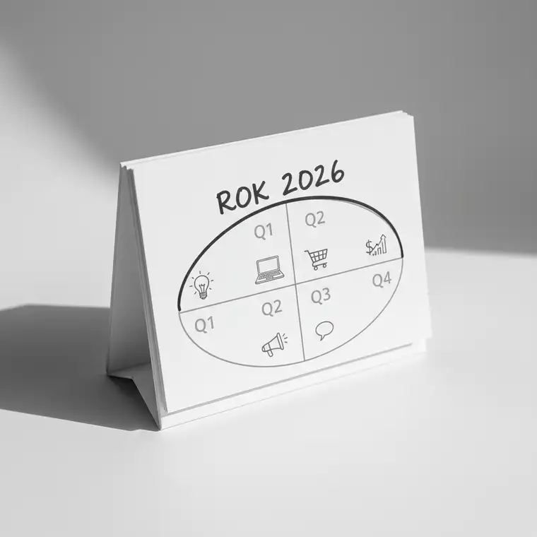 Planowanie celów rocznych 2026 rozpisanych na cele kwartalne w notatniku obok kalendarza i laptopa, pokazujące podział roku na 4 etapy działań