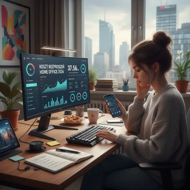 Home office w Polsce 2026, pracownik liczy koszt jednej godziny rozproszeń i analizuje produktywność przy komputerze