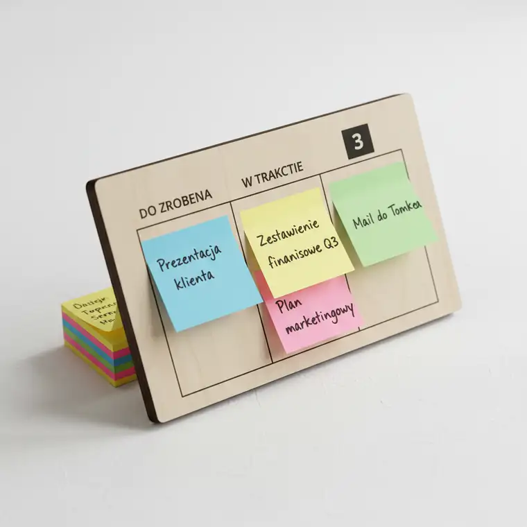 Ilustracja osoby przy biurku z przepełnioną listą zadań, pokazująca jak długa lista „do zrobienia” demotywuje i obniża produktywność