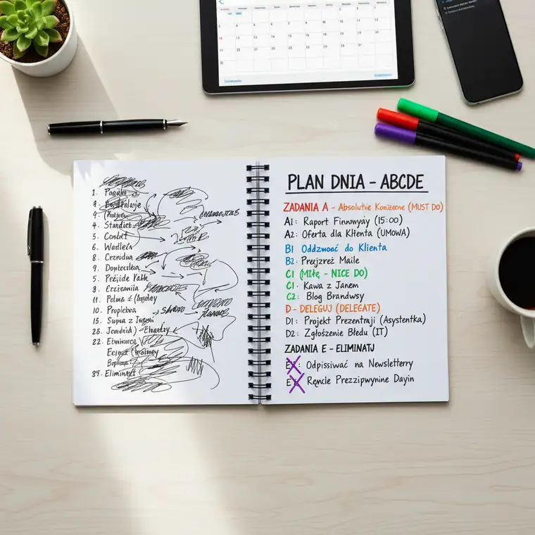 Plan dnia z wypunktowanymi zadaniami A, B, C, D i E, symbolizujący skuteczne ustawianie priorytetów metodą ABCDE w pracy