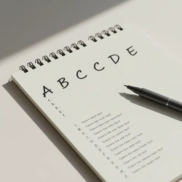 Biurko z listą zadań oznaczoną literami ABCDE, pracownik planuje jeden dzień roboczy i ustala priorytety zadań metodą ABCDE