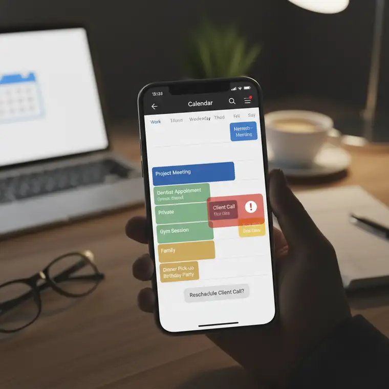 Widok na ekran z połączonym kalendarzem prywatnym i służbowym w Google, pokazujący kolory i status wolny/zajęty