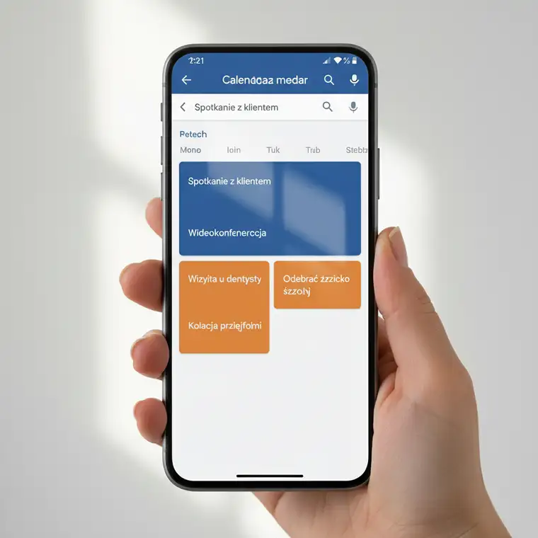 Osoba planująca dzień w Google Calendar, z widocznymi prywatnymi i służbowymi wydarzeniami, aby uniknąć konfliktów terminów