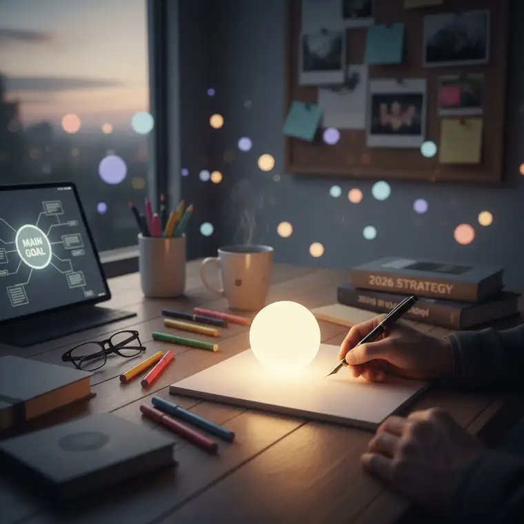 Plan kariery na 2026 rok rozrysowany na tablicy, priorytety i główny cel zawodowy wyróżnione kolorami jako centrum strategicznego planowania