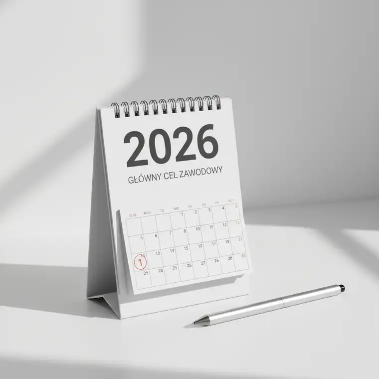 Osoba planująca cel zawodowy na 2026 rok przy biurku, notatki, kalendarz i laptop pomagają wybrać jeden główny cel bez paraliżu decyzyjnego