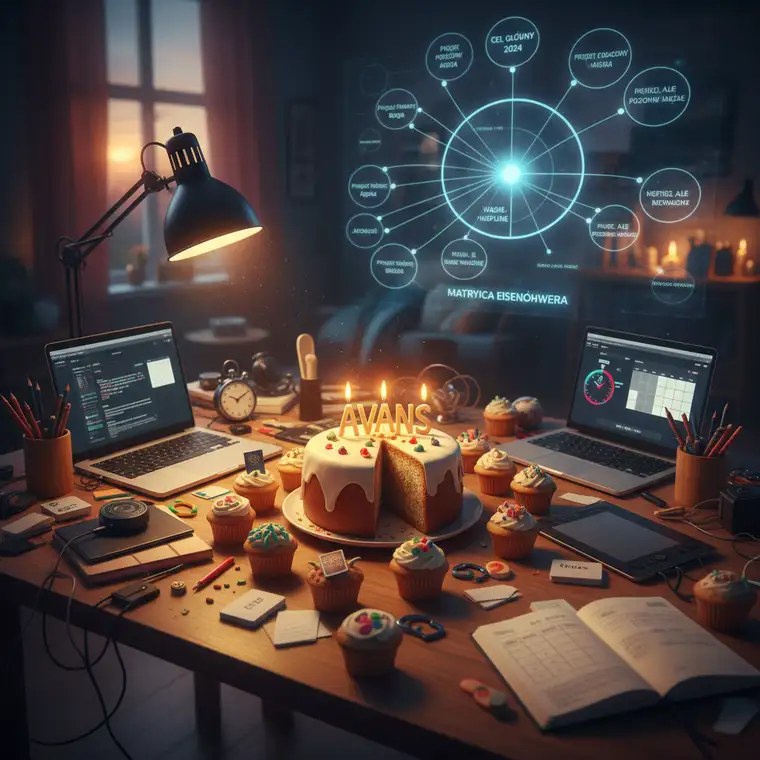 Schemat osoby używającej matrycy Eisenhowera do podjęcia decyzji kiedy przerwać projekt poboczny i skupić się na głównym celu kariery