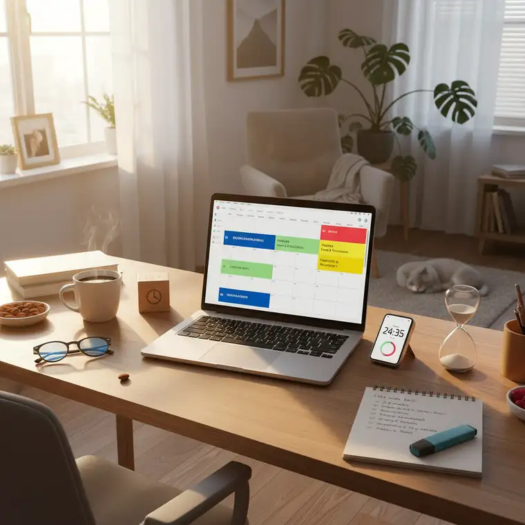 Widok ekranu z kalendarzem, blokami timeboxingu i listą zadań w pracy zdalnej, pokazujący organizację dnia