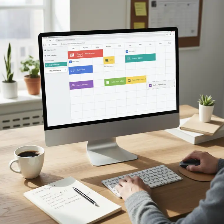 Plan tygodnia w Google Calendar z kolorowymi blokami Deep Work, przerwami i zadaniami administracyjnymi