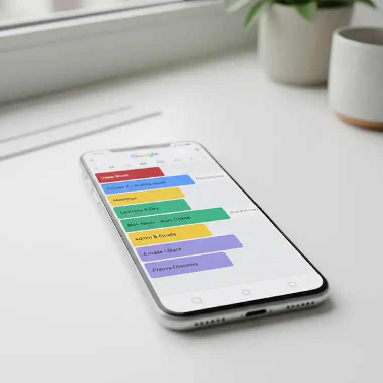 Widok osoby planującej tydzień pracy w Google Calendar z kolorowymi blokami timeboxingu na ekranie laptopa
