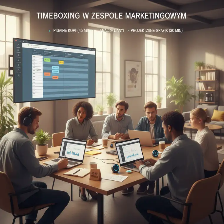 Specjalista ds. marketingu przy komputerze analizujący tablicę Kanban z timeboksami zadań i statystykami efektywności zespołu