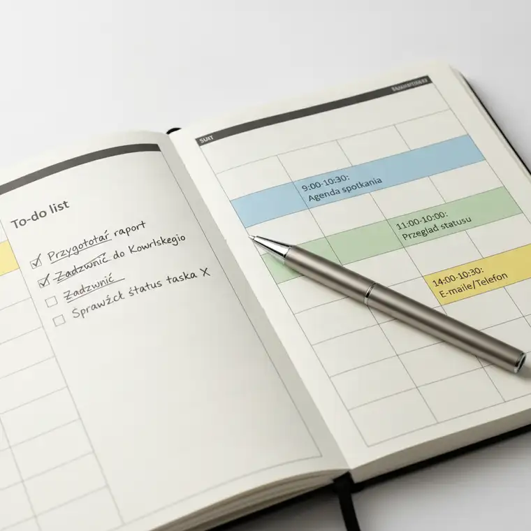 Project manager planujący dzień pracy z użyciem timeboxingu i klasycznej listy zadań, porównanie metod zarządzania czasem w 2026 roku