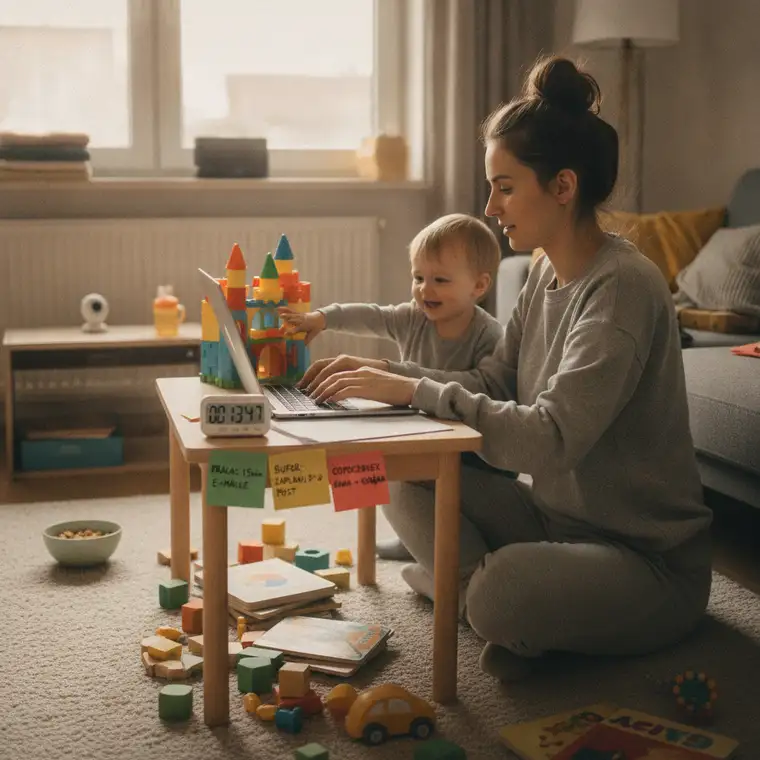Mama pracująca przy laptopie podczas drzemki dziecka, pokazująca praktyczne zastosowanie timeboxingu w domu